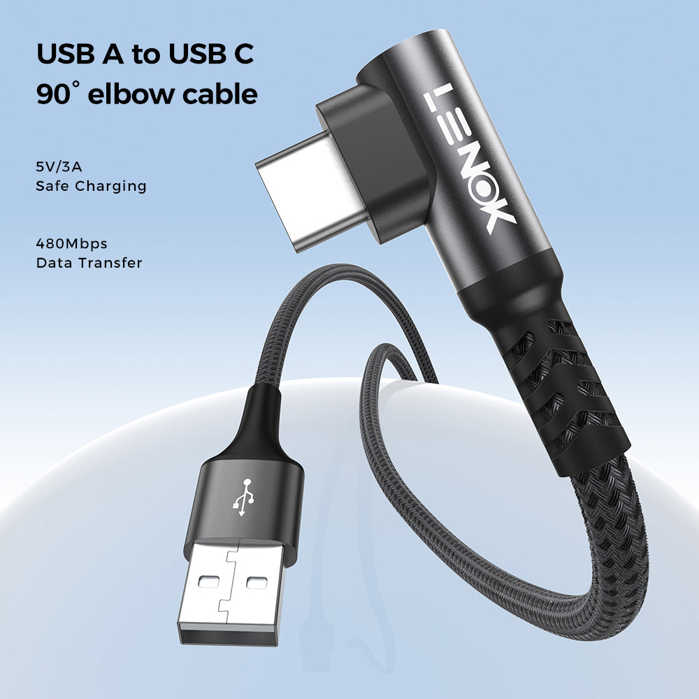 LENOK USB-A to USB-C 90 degree elbow cable – 5V 3A safe charging and 480Mbps data transfer