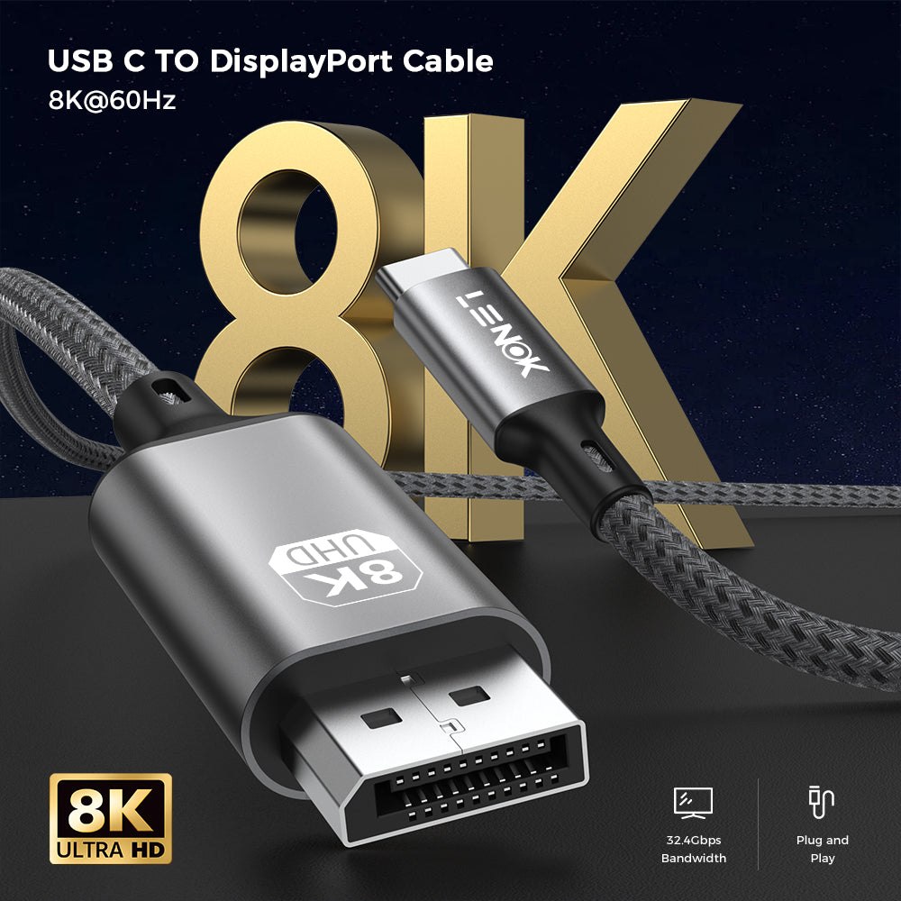 LENOK USB-C to DisplayPort cable 8K UHD – 32.4Gbps bandwidth plug and play braided nylon DisplayPort 1.4