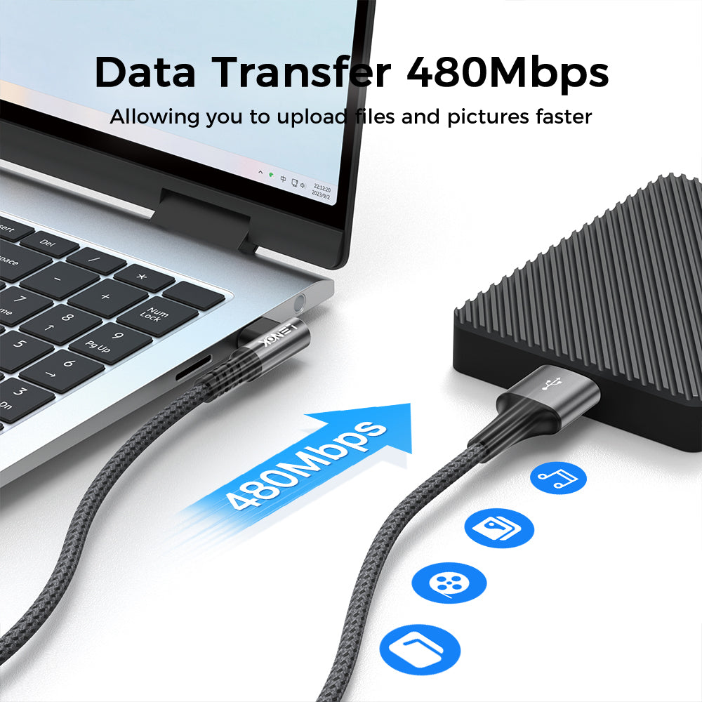 LENOK right-angle USB-C cable 480Mbps data transfer – syncing files photos and videos from external hard drive to laptop faster
