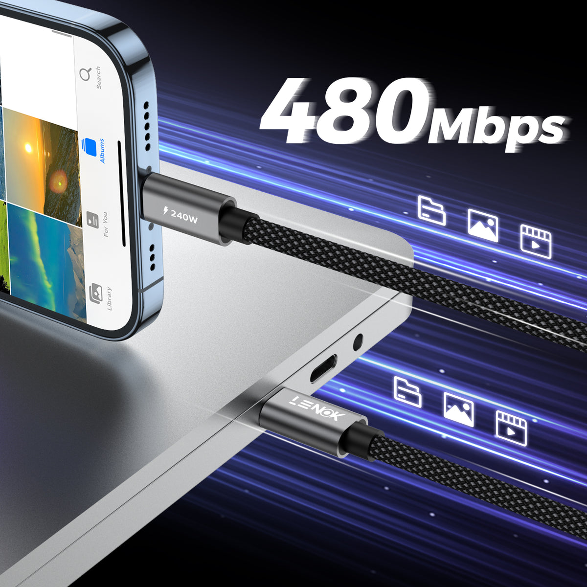 LENOK 240W USB-C cable 480Mbps data transfer – syncing photos videos and files from iPhone to laptop at high speed