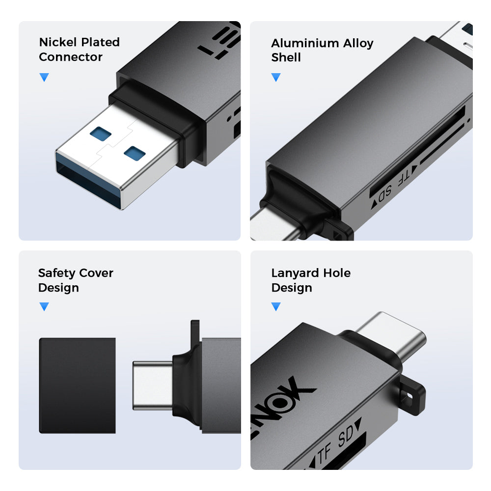 LENOK SD Card Reader build quality details – nickel plated USB-A connector, aluminium alloy shell, safety cover design, lanyard hole