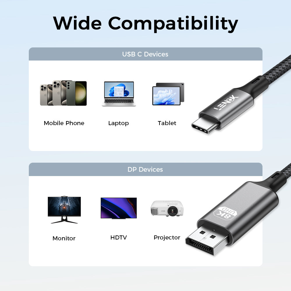 LENOK USB-C to DisplayPort cable wide compatibility – connects USB-C devices (mobile phone, laptop, tablet) to DP devices (monitor, HDTV, projector)