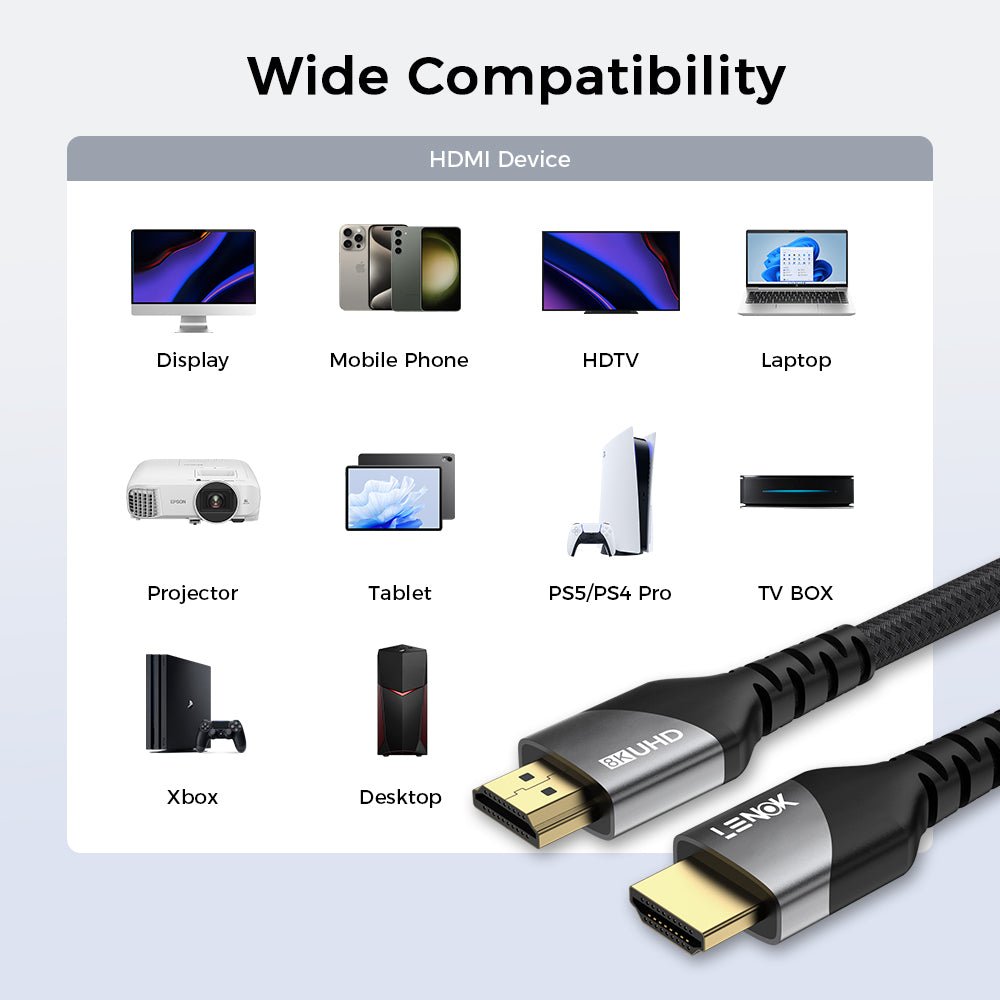 8K HDMI 2.1 Cable 48Gbps Ultra High Speed, Braided 8K@60 4K@120 HDR eARC for PS5 & 4K/8K TV - LENOK