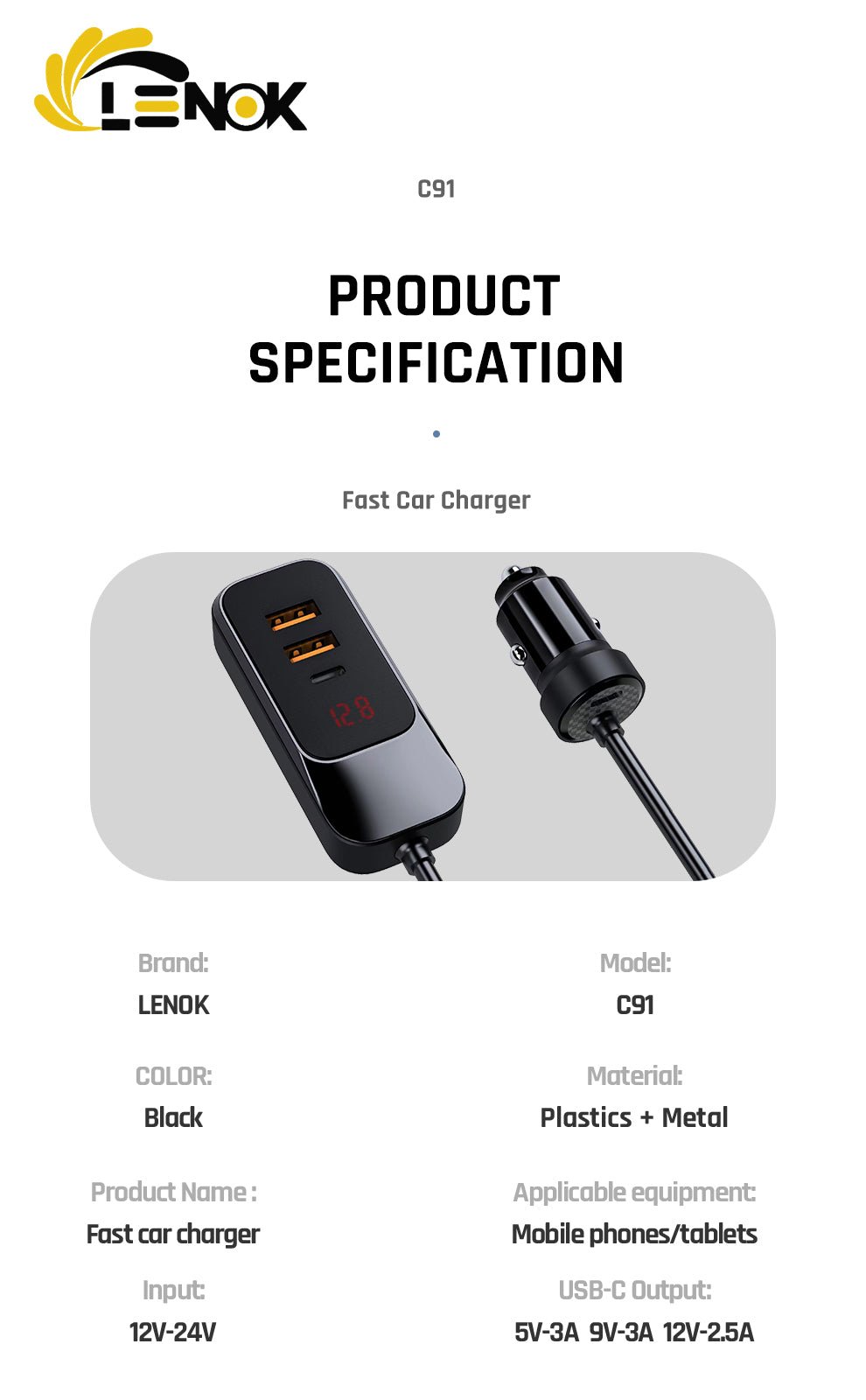 LENOK 120W USB - C Car Charger, 4 - Port Fast Charger with 1.5m Cable, Compatible with iPhone & Samsung - LENOK
