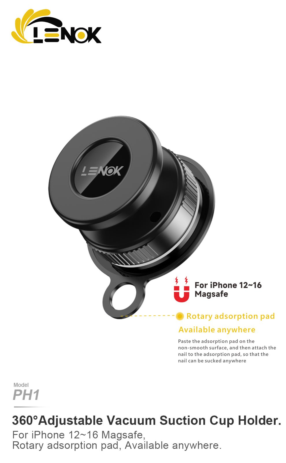 LENOK 360° Magnetic Suction Phone Mount – Adjustable Vacuum Holder for Car, Gym & Mirrors, Compatible with iPhone & Android - LENOK