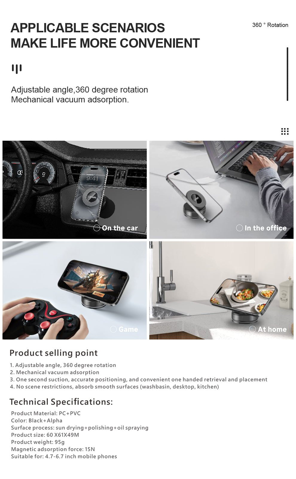 LENOK 360° Magnetic Suction Phone Mount – Adjustable Vacuum Holder for Car, Gym & Mirrors, Compatible with iPhone & Android - LENOK