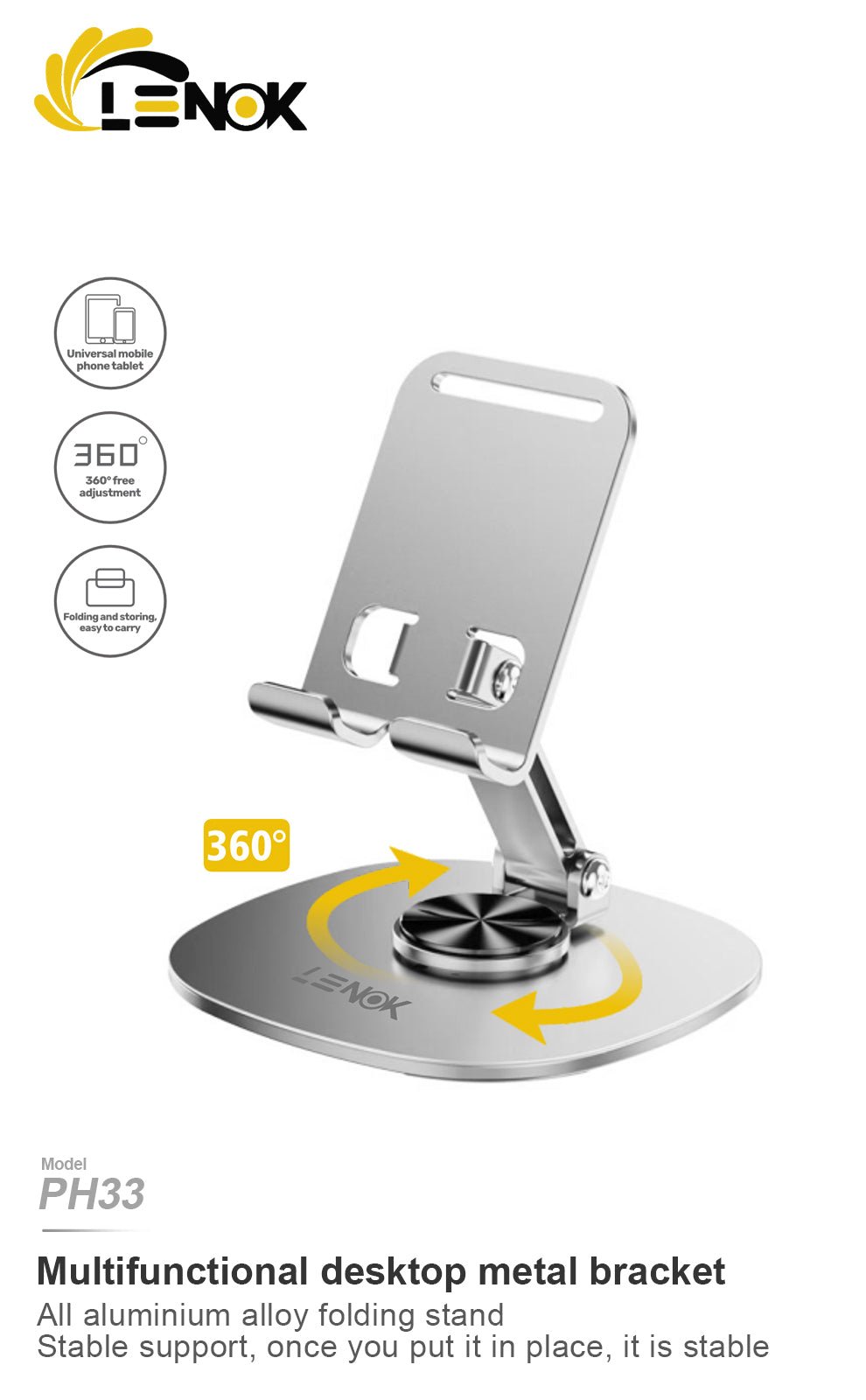 LENOK 360° Rotating Phone & Tablet Stand – Foldable, Portable, Adjustable Desk Holder for iPhone, iPad & All Smartphones - LENOK