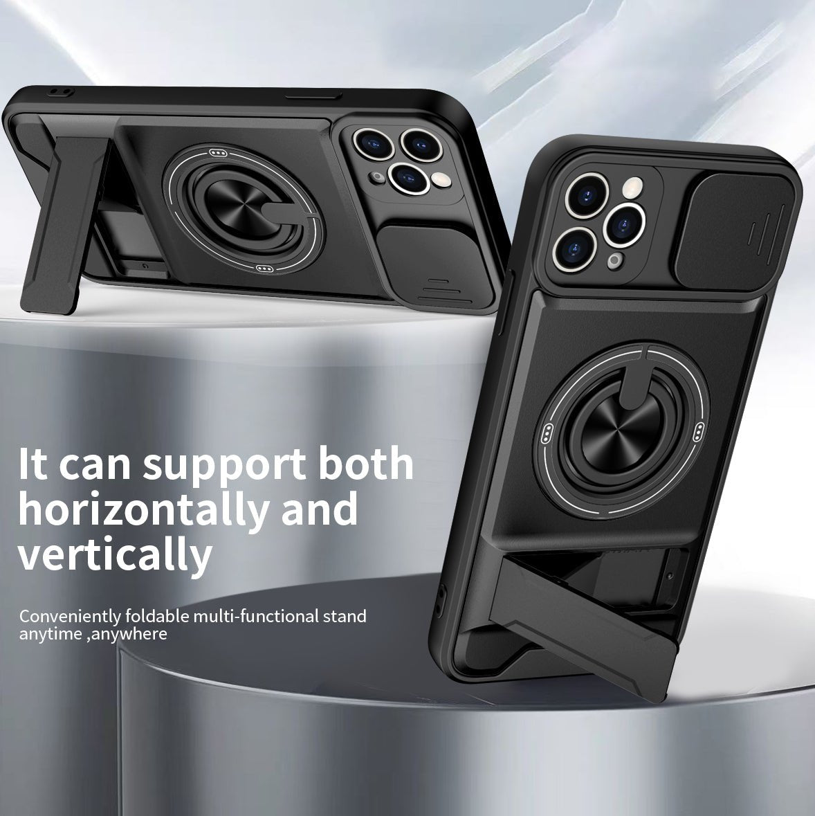 LENOK iPhone 11 Pro Max MagSafe case – foldable kickstand supporting both horizontal and vertical positions, camera slider closed