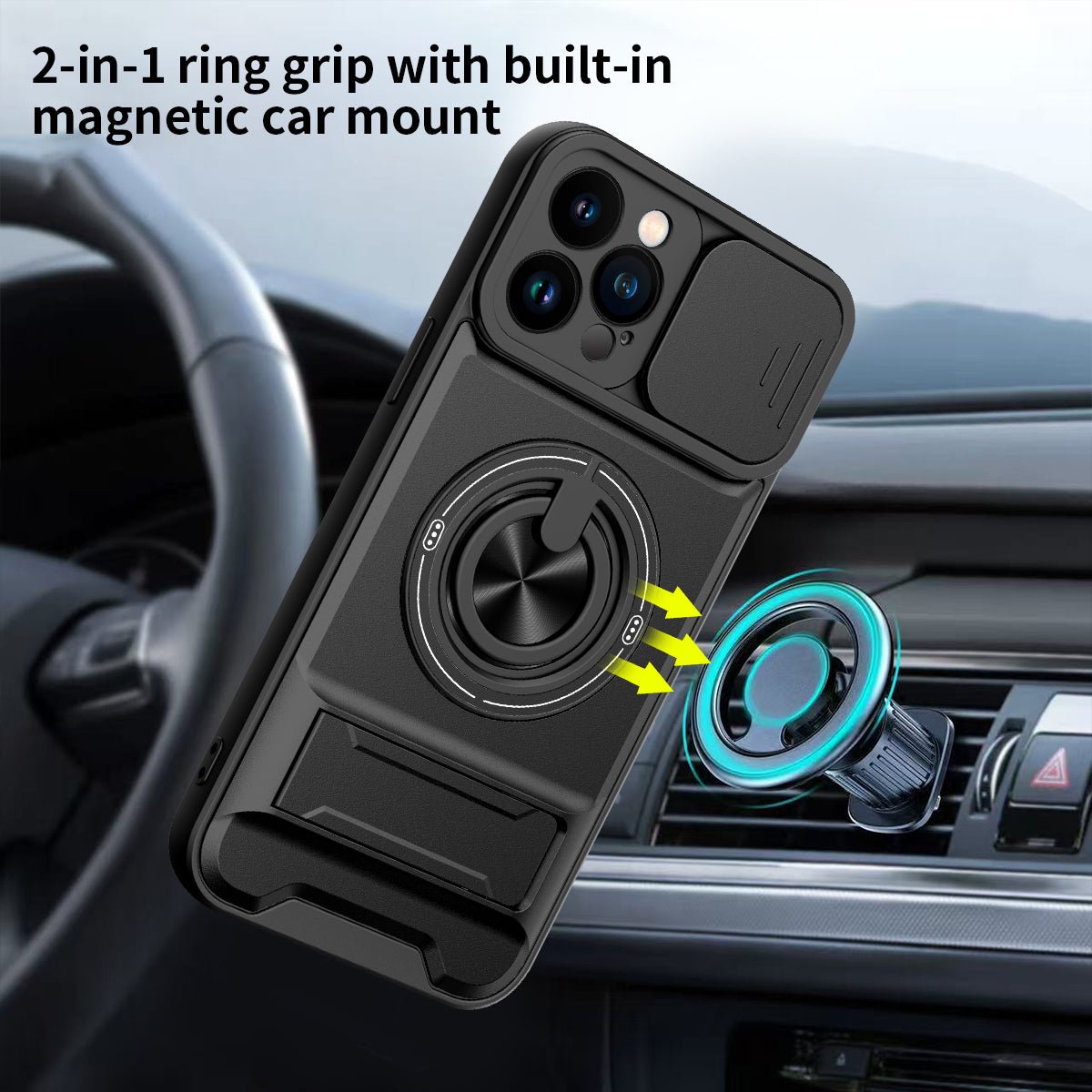LENOK iPhone 12 Pro Max MagSafe case – 2-in-1 ring grip with built-in magnetic car mount, snap-on car vent holder