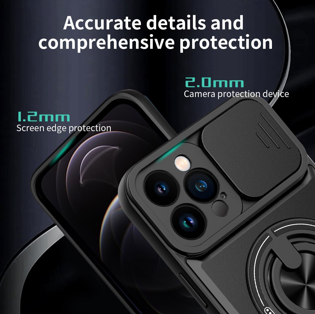 LENOK iPhone 12 Pro Max MagSafe case – 1.2mm raised screen edge protection and 2.0mm camera sliding cover detail