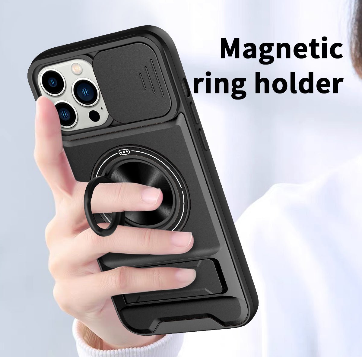 LENOK iPhone 13 Pro Max MagSafe case – magnetic ring holder for secure one-hand grip, camera slider closed