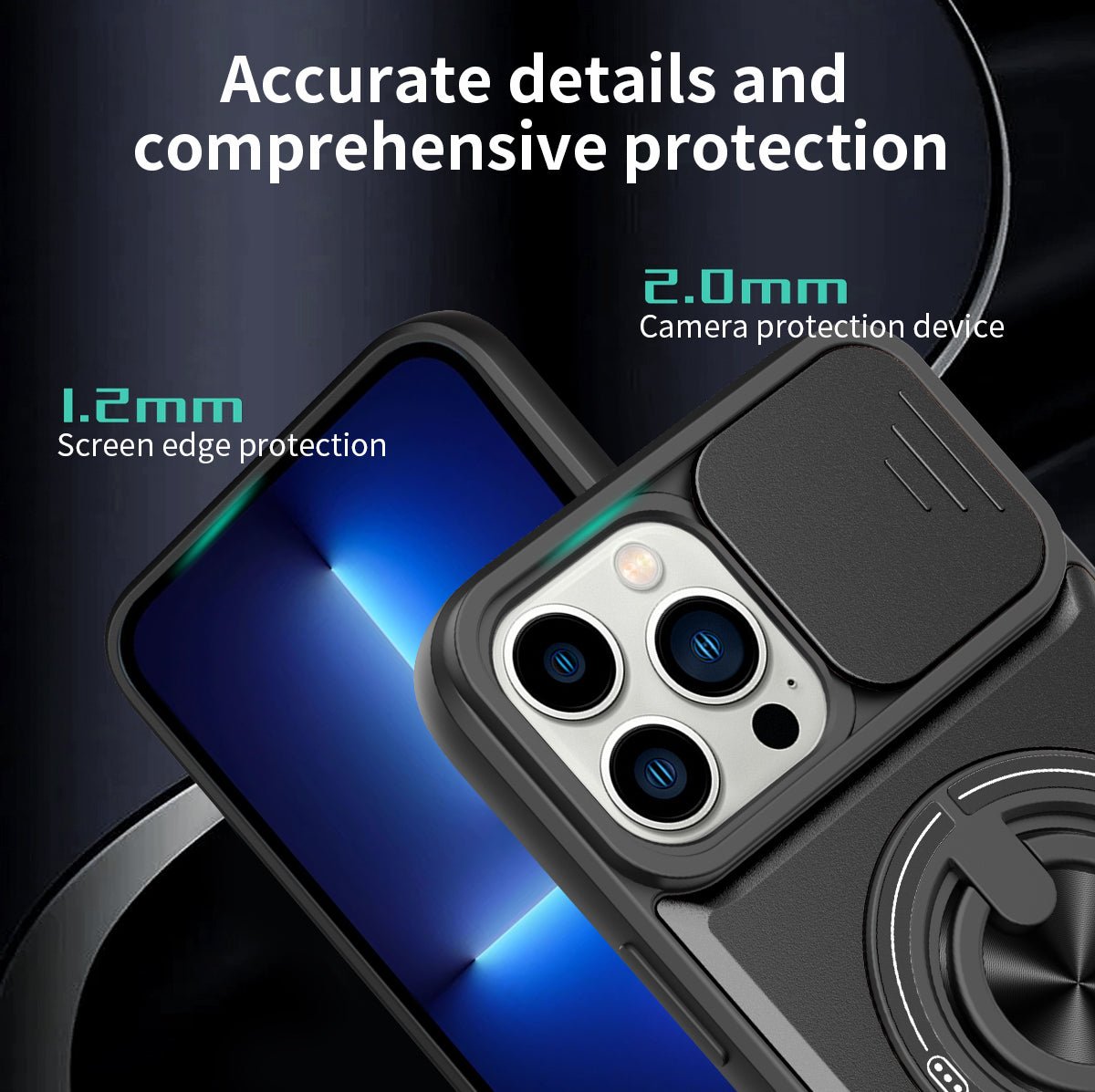 LENOK iPhone 13 Pro Max MagSafe case – 1.2mm raised screen edge protection and 2.0mm camera sliding cover detail