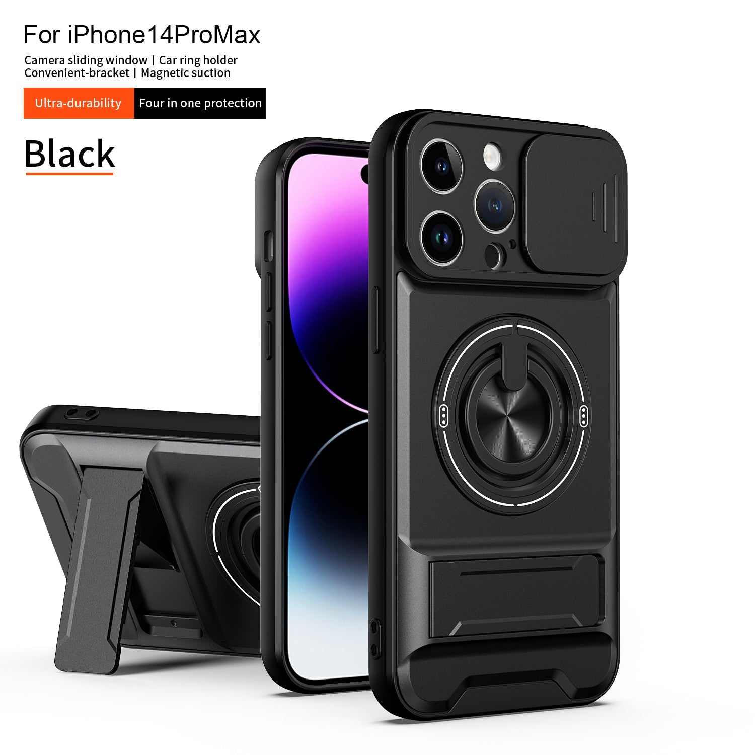 LENOK iPhone 14 Pro Max MagSafe case – hero shot, black rugged armor with camera slider and ring kickstand