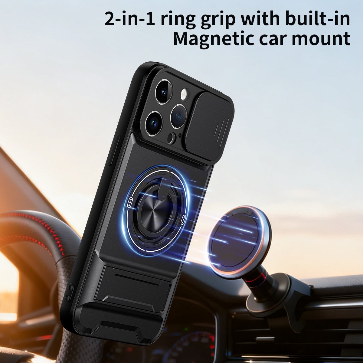LENOK iPhone 14 Pro Max MagSafe case – 2-in-1 ring grip with built-in magnetic car mount, snap-on car vent holder