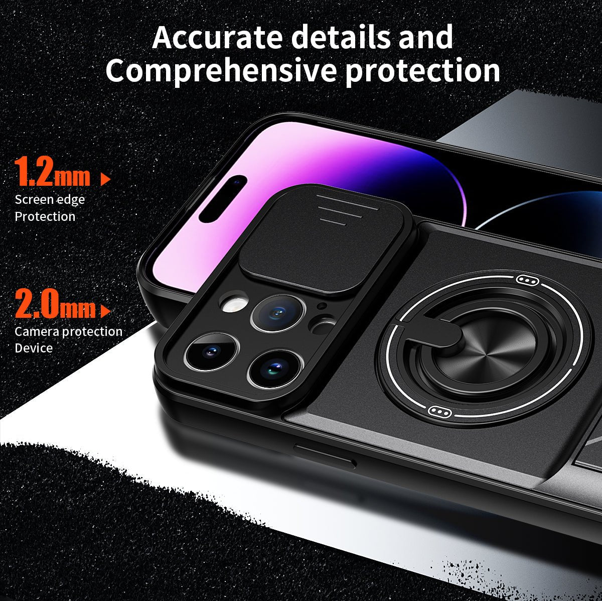 LENOK iPhone 14 Pro Max MagSafe case – 1.2mm raised screen edge protection and 2.0mm camera sliding cover detail