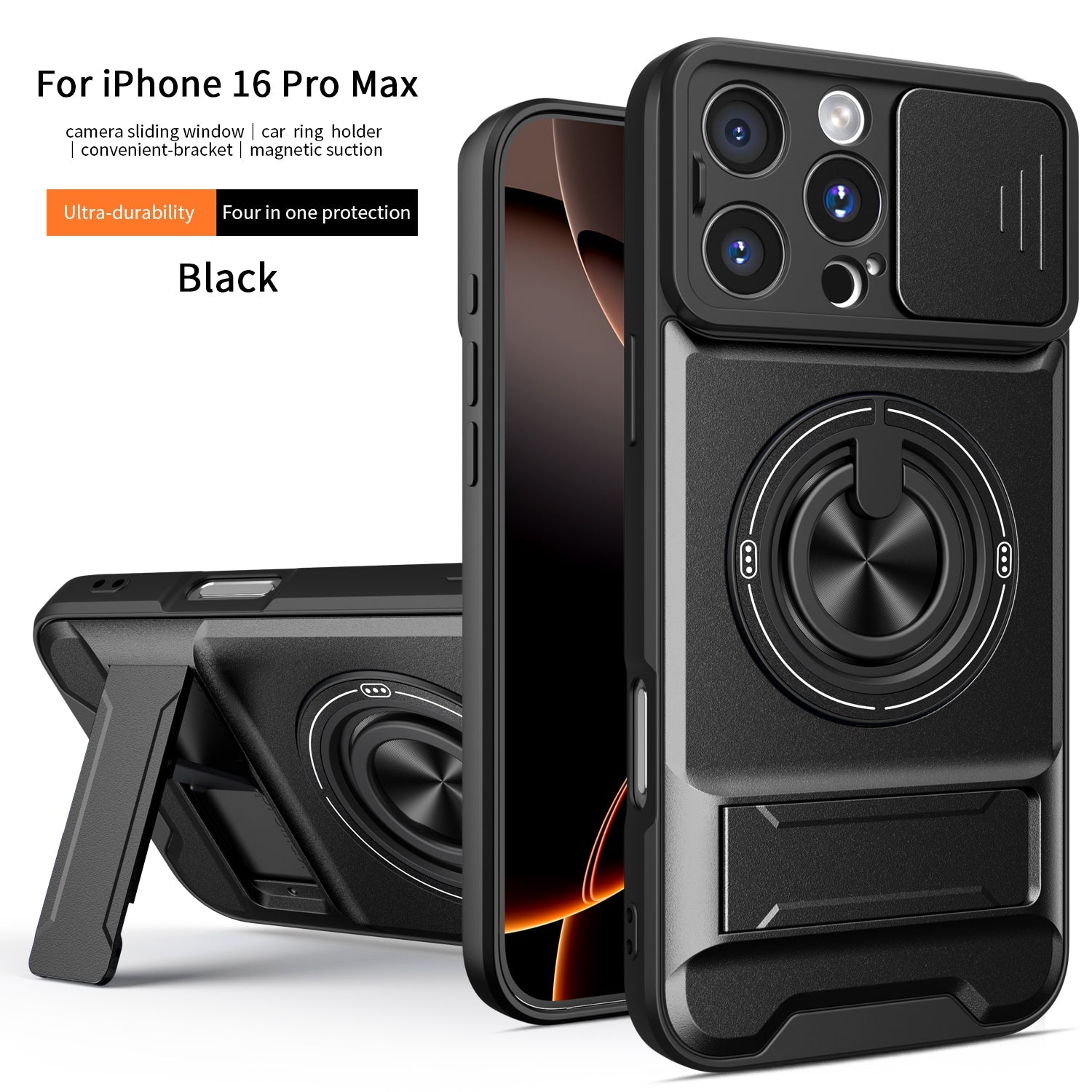 LENOK iPhone 16 Pro Max MagSafe case black – camera slider, ring kickstand, four-in-one protection