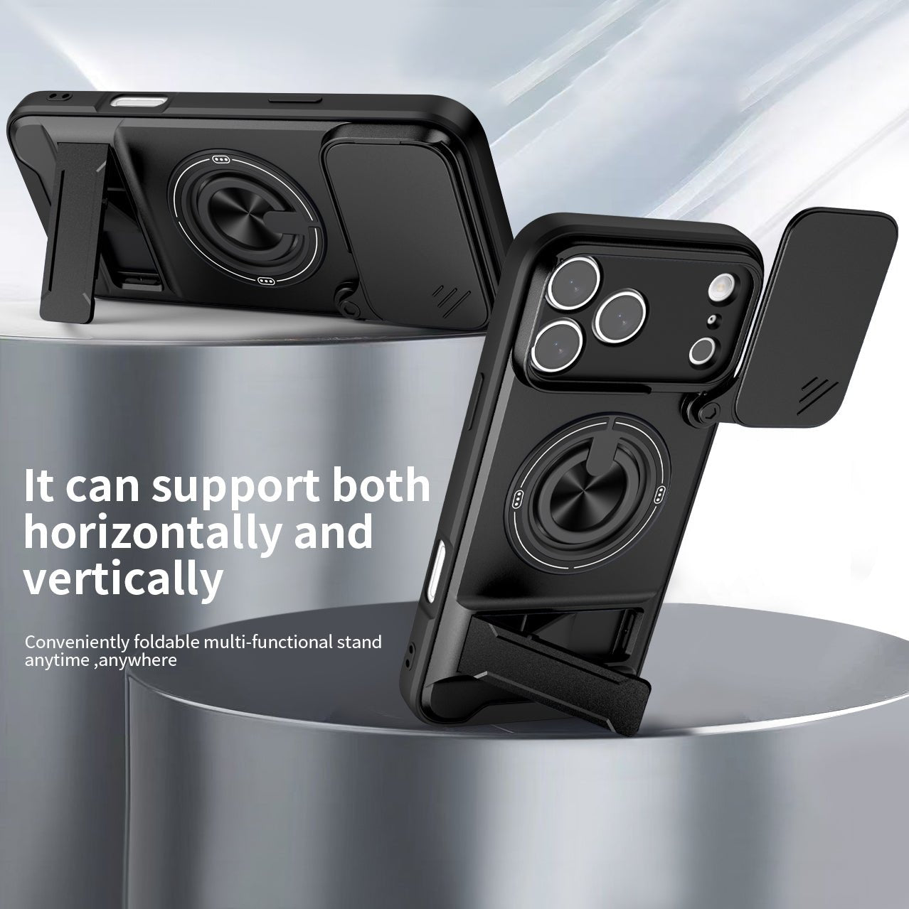 LENOK iPhone 17 Pro Max case – foldable kickstand supports both horizontal and vertical viewing, camera slider closed