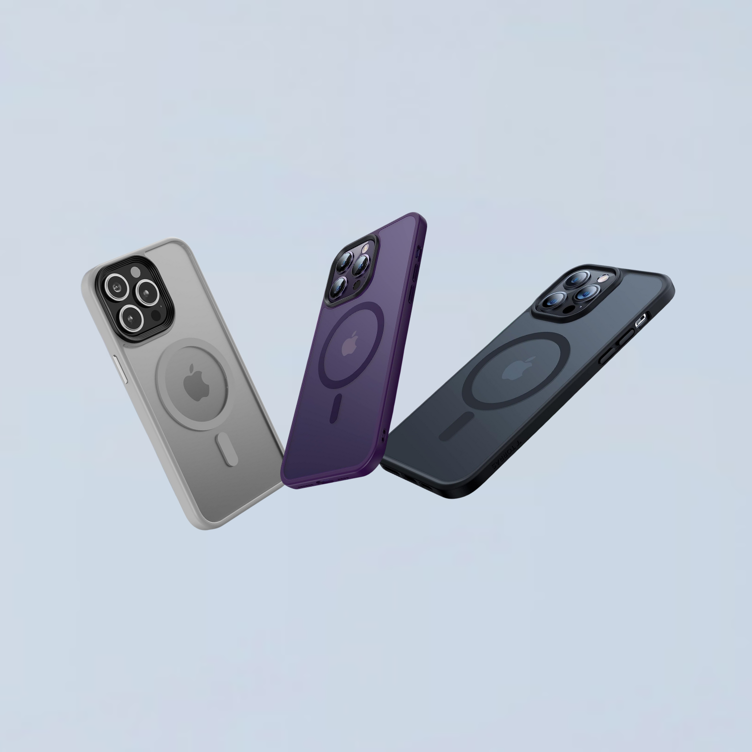 LENOK iPhone  cases in three colors—gray, purple, and black—showcasing sleek design and magnetic back feature on a light blue background