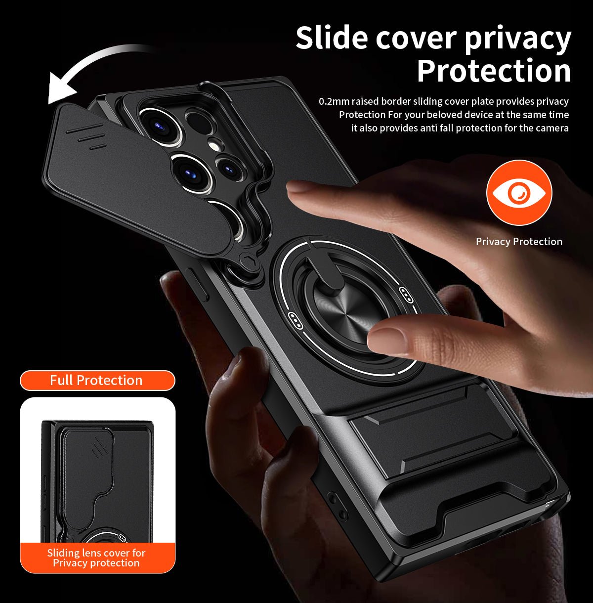 LENOK Samsung S21 Ultra case – slide cover privacy protection with 0.2mm raised border, full body view with sliding lens cover closed
