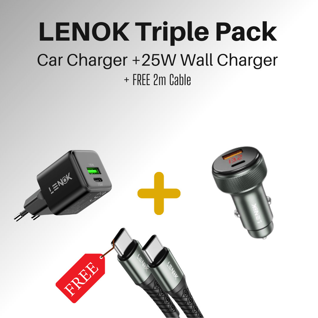 LENOK Triple Pack – Car Charger + 25W Wall Charger + FREE 2m Cable - LENOK