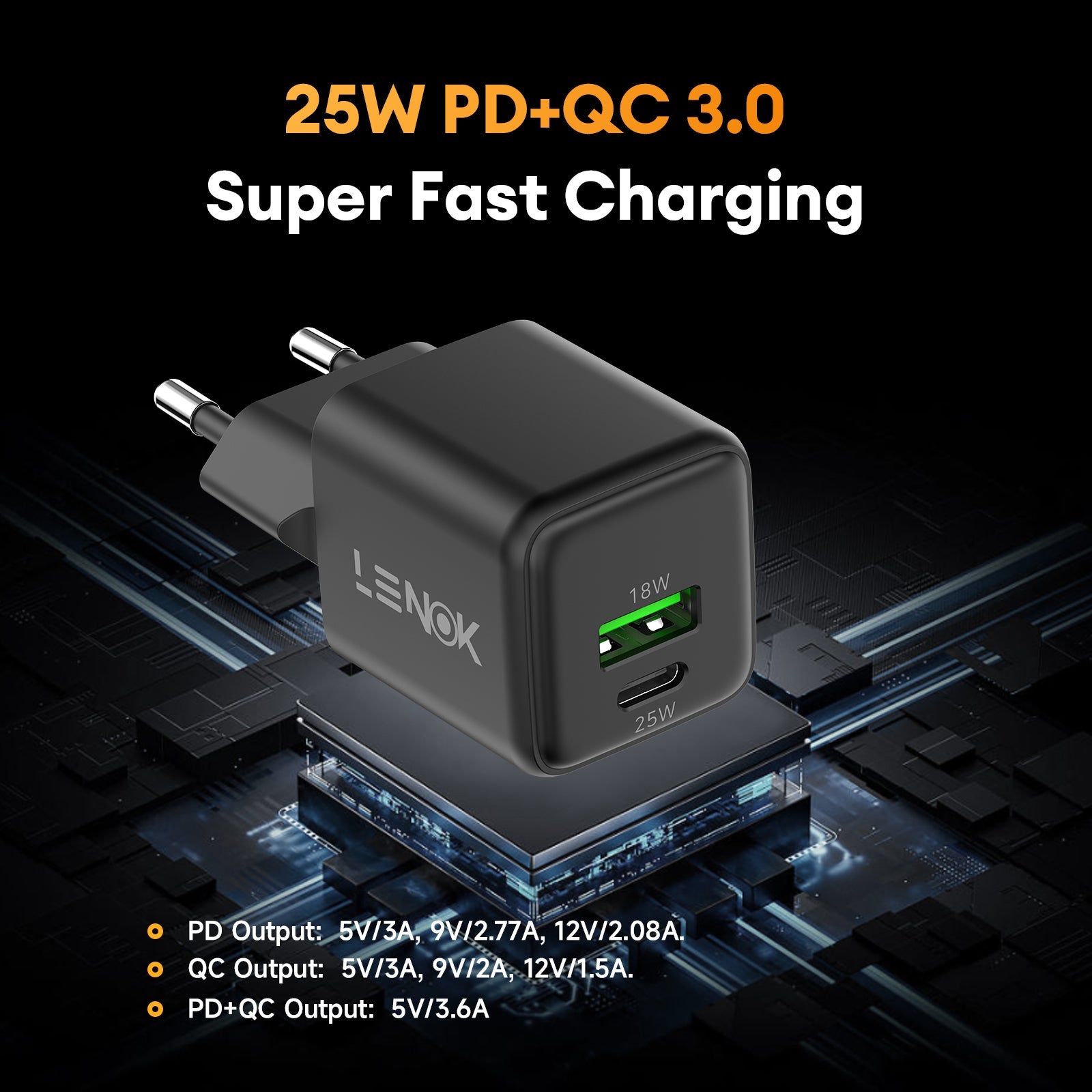 25W GaN Dual Port USB - C PD Super Fast Charger Block for Samsung, iPhone | LENOK - LENOK