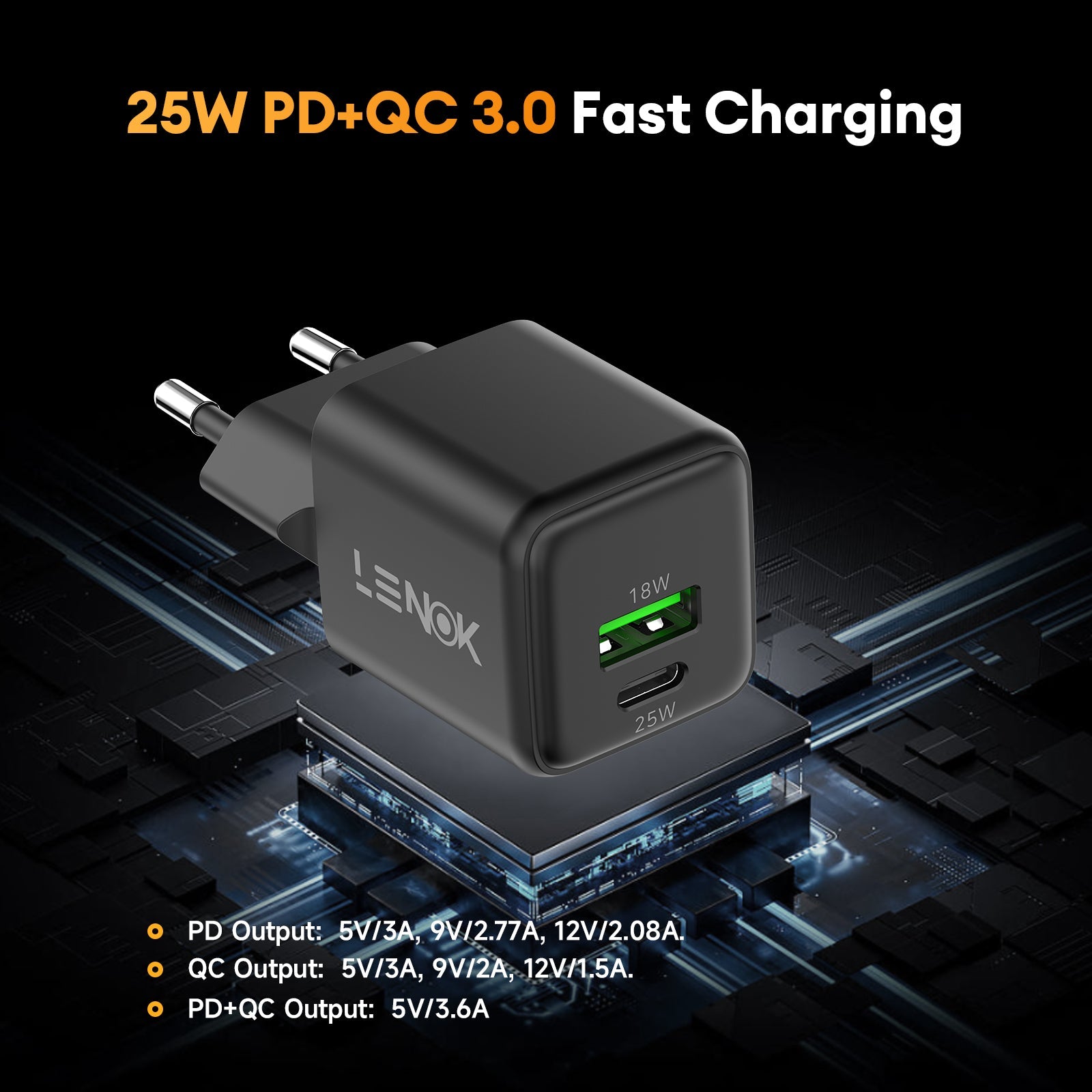 25W GaN Dual Port USB - C PD Super Fast Charger Block for Samsung, iPhone | LENOK - LENOK