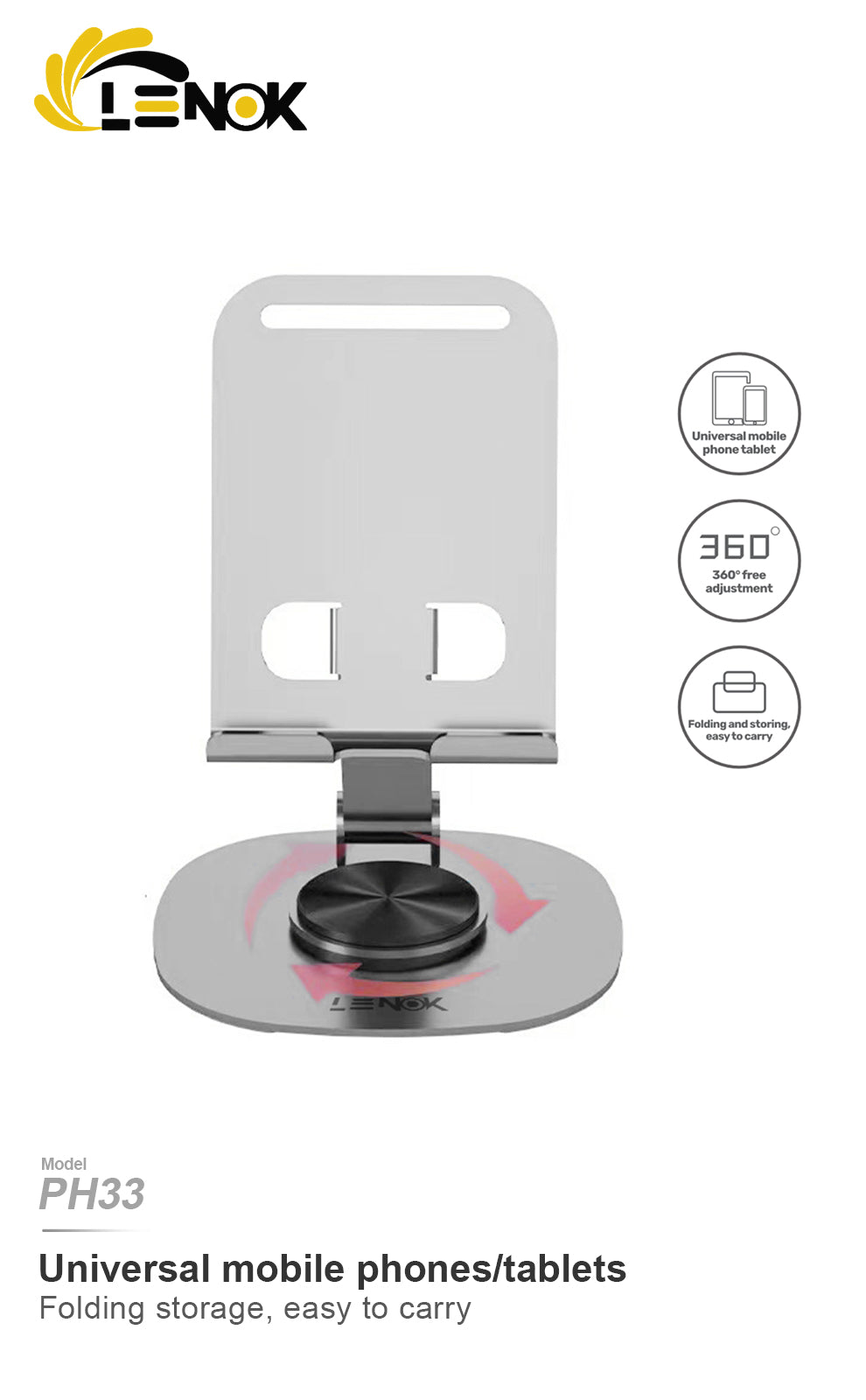 LENOK 360° Rotating Phone & Tablet Stand – Foldable, Portable, Adjustable Desk Holder for iPhone, iPad & All Smartphones