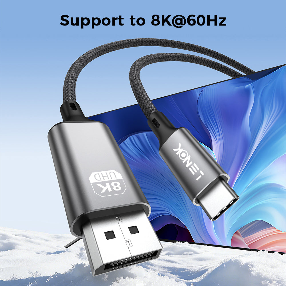 LENOK USB-C to DisplayPort cable supporting 8K at 60Hz – aluminium alloy braided nylon cable with DisplayPort and USB-C connectors