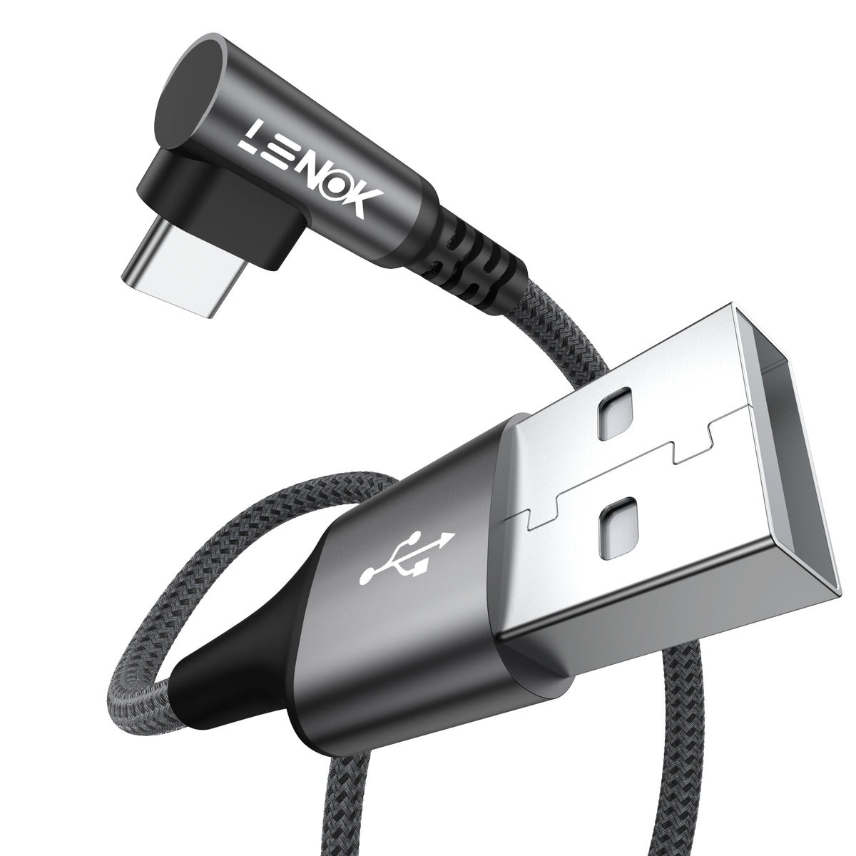 LENOK right-angle USB-C cable – 90 degree USB-C connector and USB-A connector closeup braided nylon