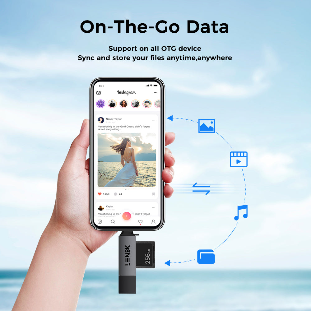 LENOK SD Card Reader plugged into smartphone via USB-C – OTG on-the-go data transfer for photos, videos, and music