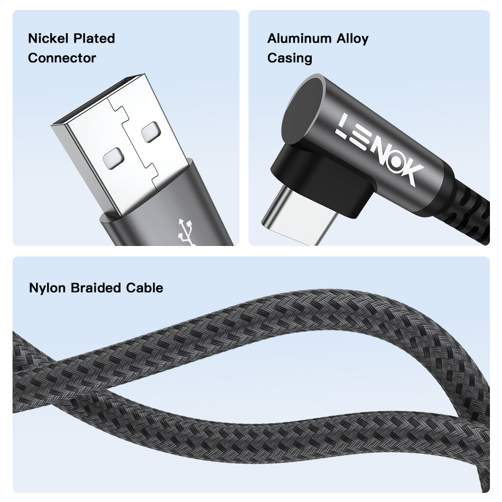LENOK right-angle USB-C cable build quality – nickel plated connector, aluminium alloy casing, nylon braided cable