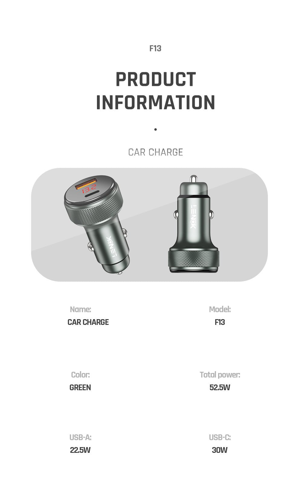 52.5W Dual USB Car Charger – 30W USB - C PD & 22.5W USB - A for iPhone, Samsung & More | LENOK - LENOK