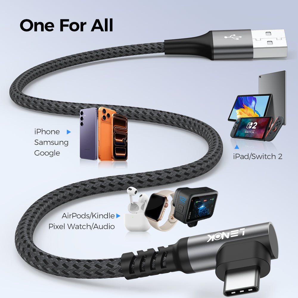 LENOK right-angle USB-C cable one for all – compatible with iPhone Samsung Google iPad Nintendo Switch 2 AirPods Kindle Pixel Watch