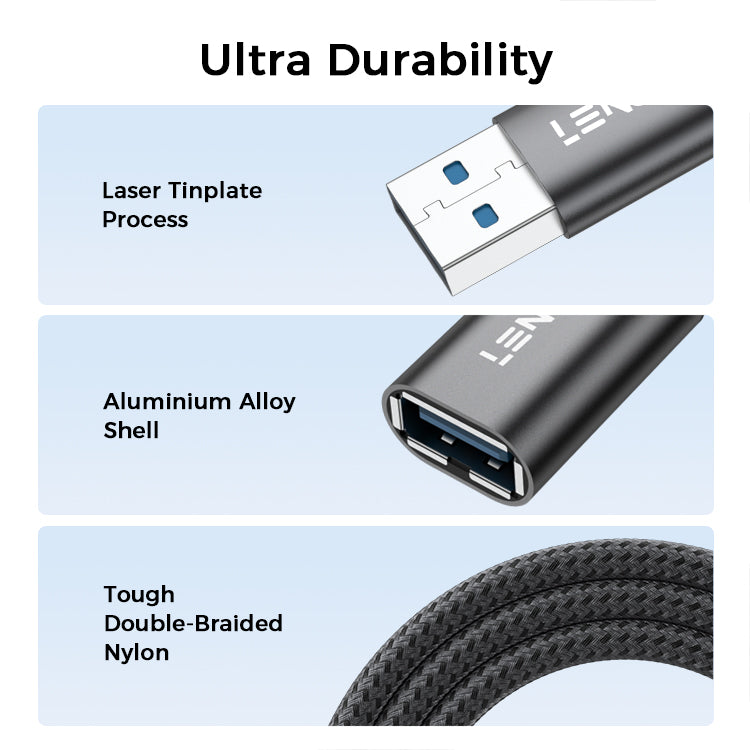 LENOK USB 3.0 extension cable ultra durability – laser tinplate process connector, aluminium alloy shell, tough double braided nylon