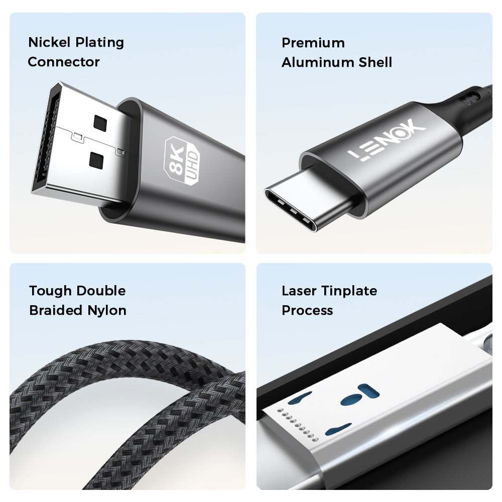 LENOK USB-C to DisplayPort cable build quality – nickel plated connector, premium aluminium shell, double braided nylon, laser tinplate process