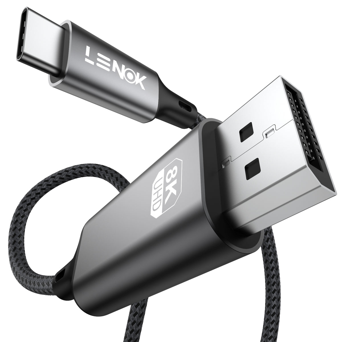 LENOK USB-C to DisplayPort cable 2m – braided nylon aluminium product shot