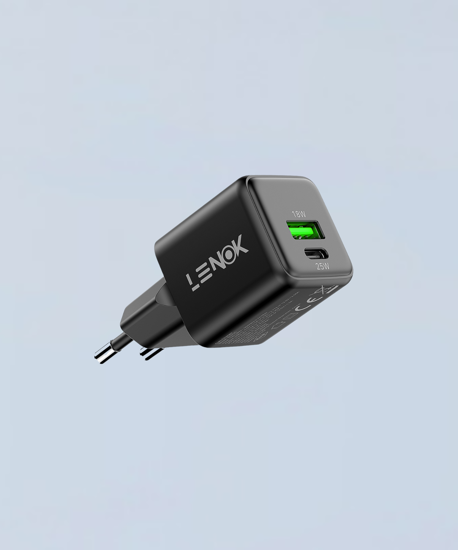 LENOK 25W USB-C wall charger in black with green USB-C port, floating against a light background