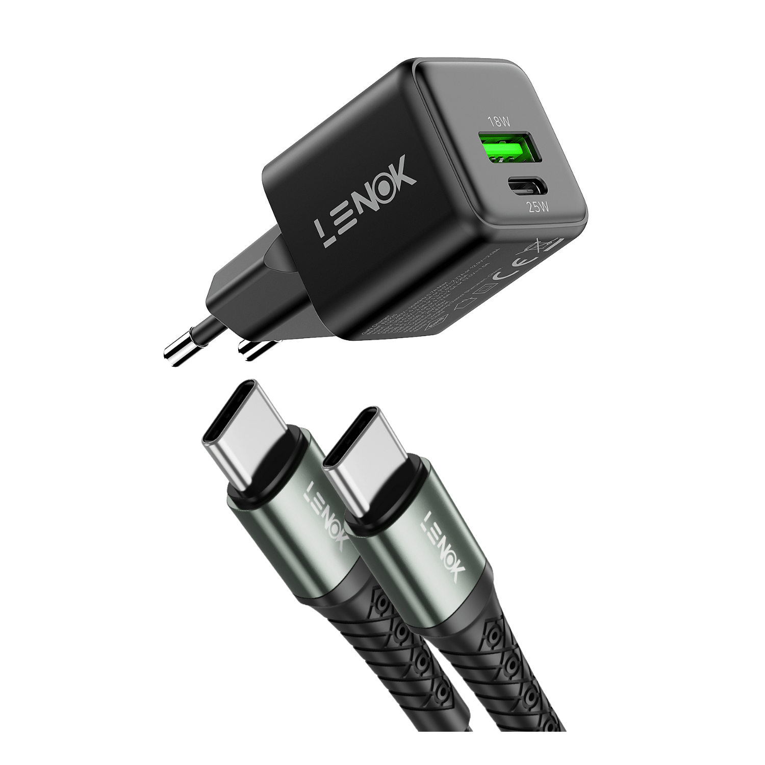 LENOK Fast Charging Bundle for iPhone & Android - 25W GaN Charger & 60W USB - C Cable 1.2 m - LENOK