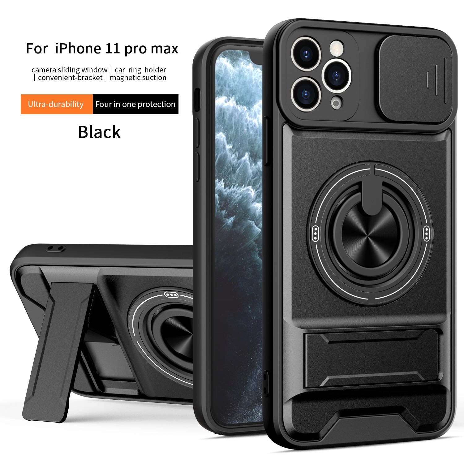 LENOK iPhone 11 Pro Max MagSafe case – hero shot, black rugged armor with camera slider and ring kickstand
