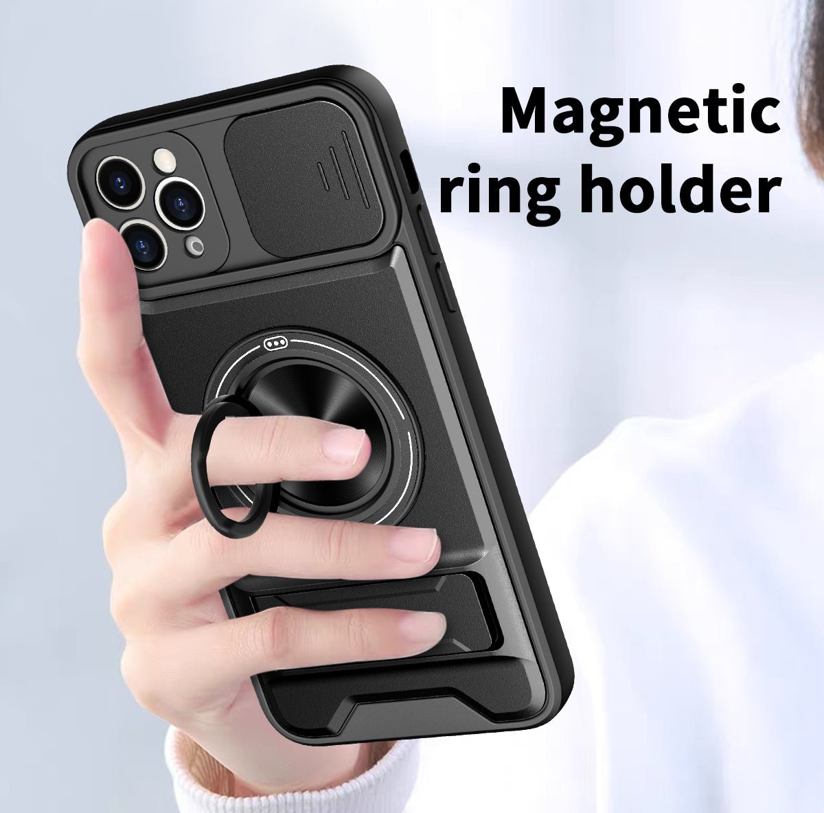 LENOK iPhone 11 Pro Max MagSafe case – magnetic ring holder for secure one-hand grip, camera slider closed
