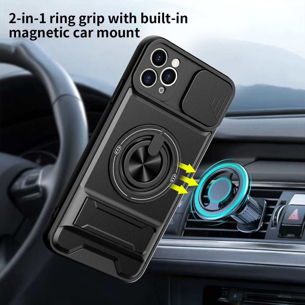 LENOK iPhone 11 Pro Max MagSafe case – 2-in-1 ring grip with built-in magnetic car mount, camera slider closed