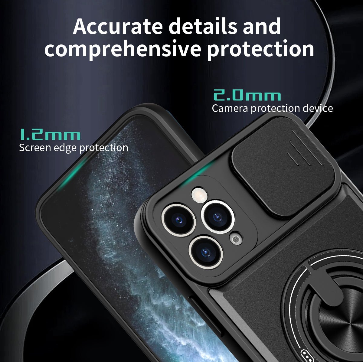 LENOK iPhone 11 Pro Max MagSafe case – 1.2mm raised screen edge protection and 2.0mm camera sliding cover detail
