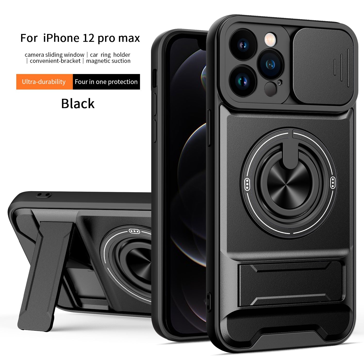LENOK iPhone 12 Pro Max MagSafe case – black, four-in-one protection: camera sliding window, car ring holder, kickstand, magnetic suction
