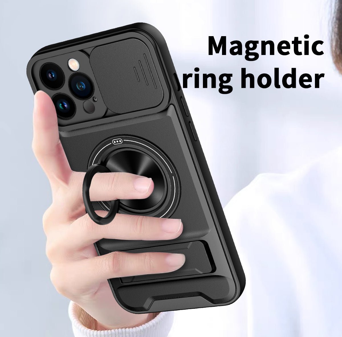 LENOK iPhone 12 Pro Max MagSafe case – magnetic ring holder for secure one-hand grip, camera slider closed
