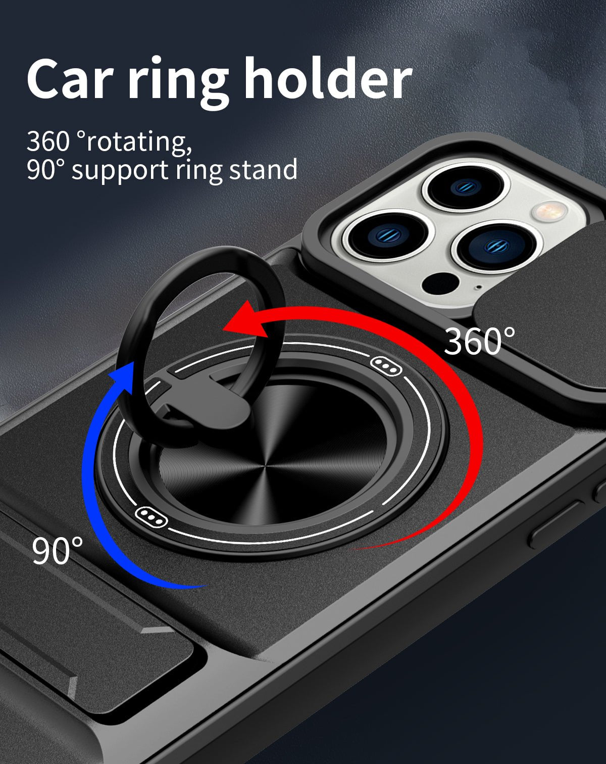 LENOK iPhone 13 Pro Max MagSafe case – 360° rotating car ring holder with 90° support ring stand
