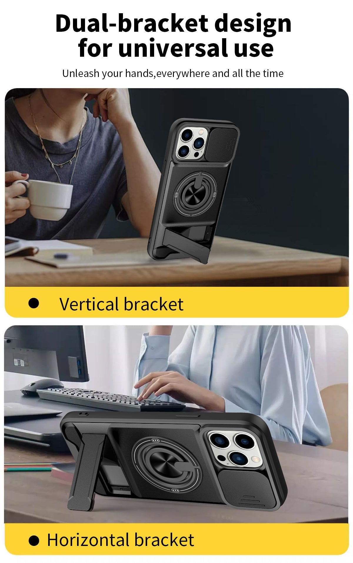 LENOK iPhone 13 Pro Max MagSafe case – dual-bracket design for universal use, vertical and horizontal kickstand positions
