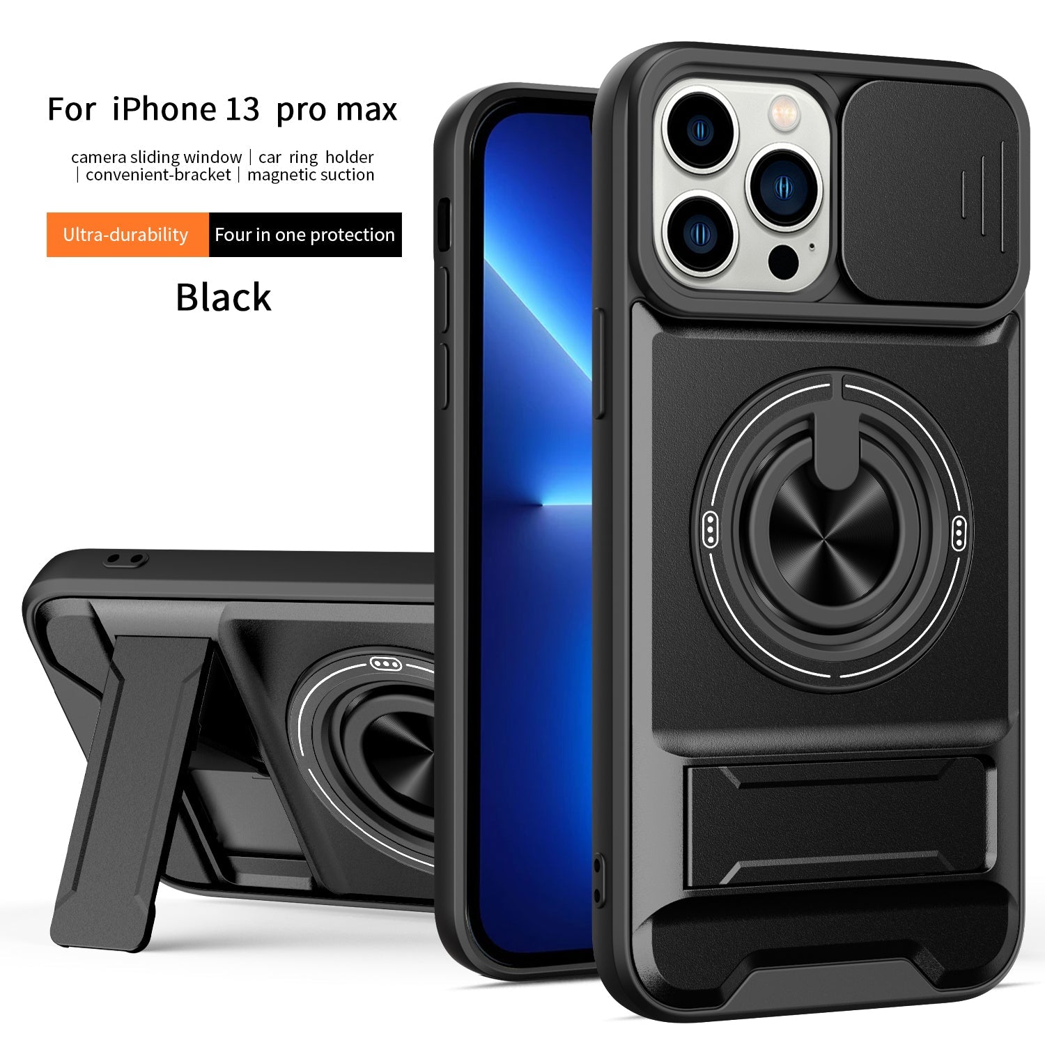 LENOK iPhone 13 Pro Max MagSafe case – hero shot, black rugged armor with camera slider and ring kickstand
