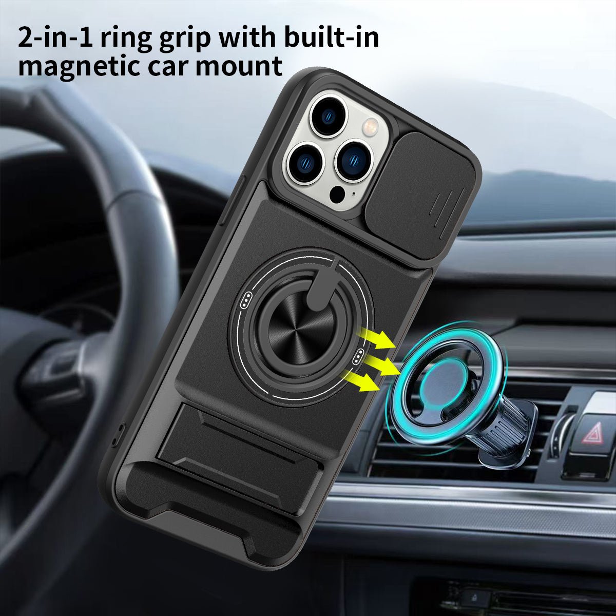 LENOK iPhone 13 Pro Max MagSafe case – 2-in-1 ring grip with built-in magnetic car mount, snap-on car vent holder
