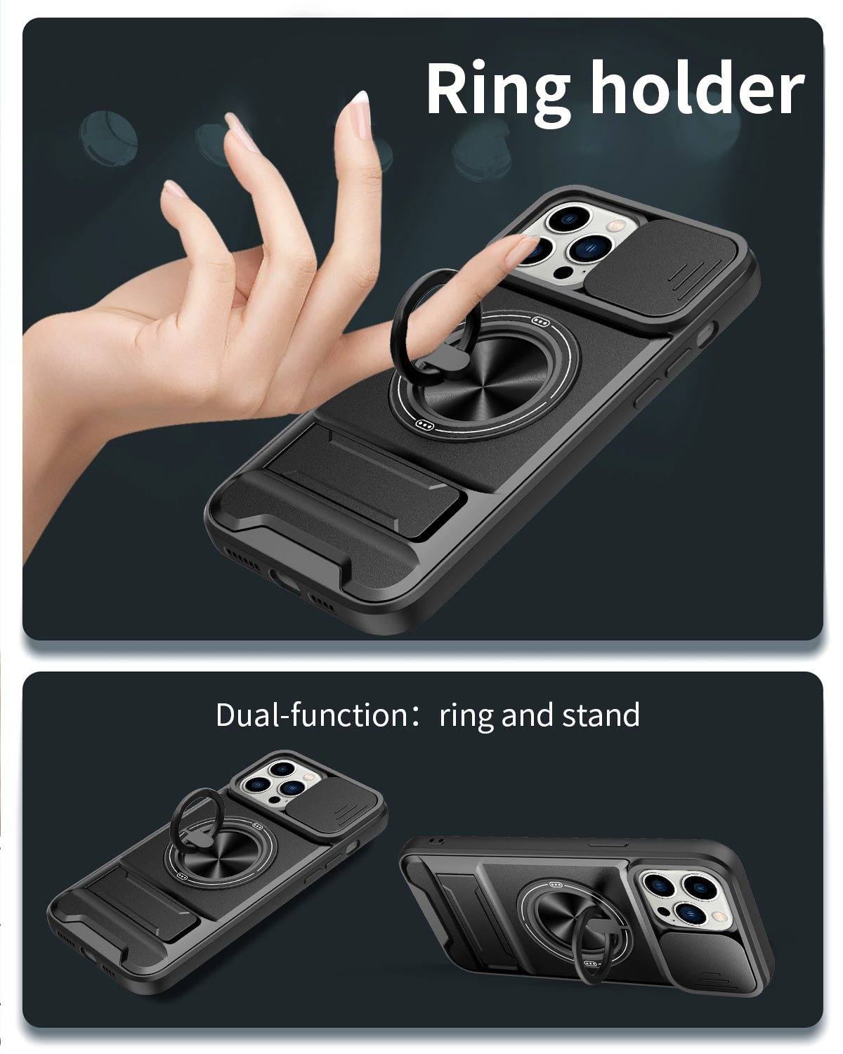 LENOK iPhone 13 Pro Max MagSafe case – ring holder dual-function grip and kickstand, horizontal and vertical stand positions
