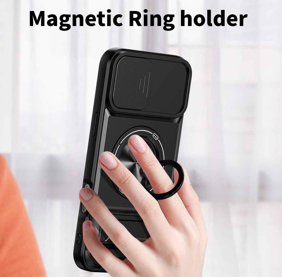 LENOK iPhone 14 Pro Max MagSafe case – magnetic ring holder for secure one-hand grip, camera slider closed
